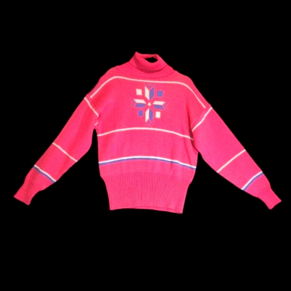 Slalom Vintage 80's Hot Pink Nordic Design Ribbed Turtleneck Knit Ski Sweater - Picture 1 of 16